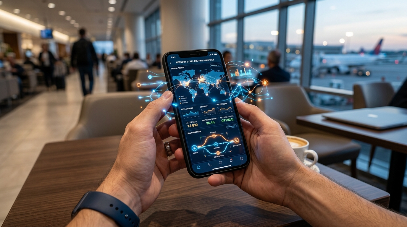 Nahaufnahme der Hände einer Person, die ein Smartphone hält, während sie in einer Flughafen-Lounge sitzt.
