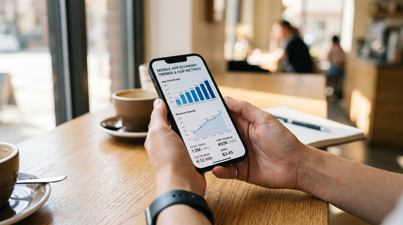 Un plan rapproché réaliste de mains tenant un smartphone moderne au-dessus d'un bureau propre, représentant la communication VoIP moderne.