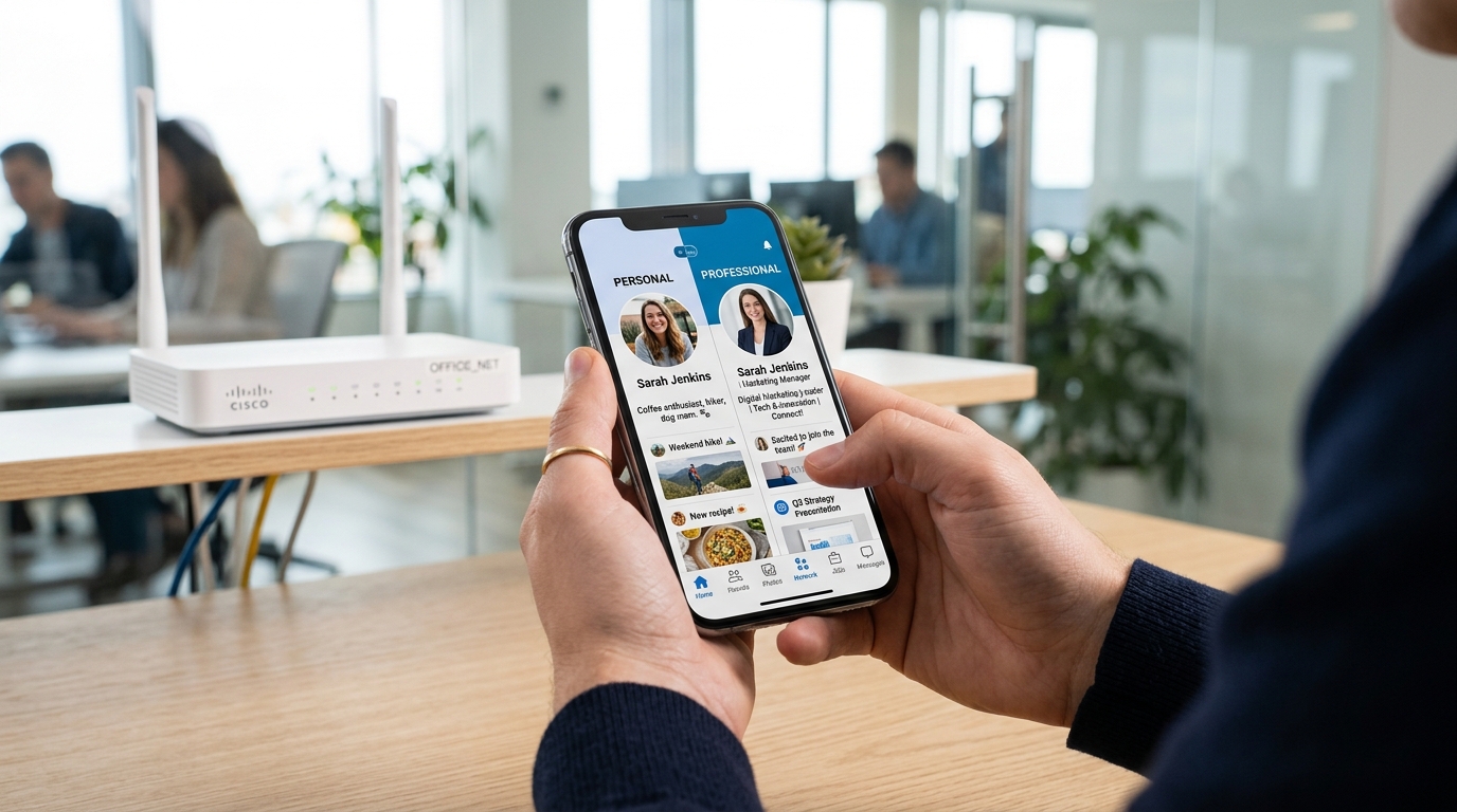 Eine Nahaufnahme der Hände einer Person, die ein Smartphone in einem modernen Büro hält