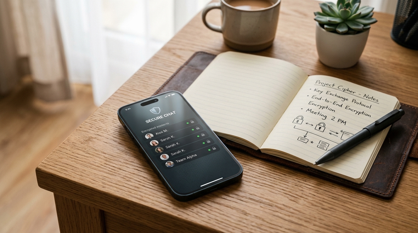ミニマリストな木製のデスクの上に置かれたスマートフォンの表面。隣には開かれた高級レザーノートと洗練されたメタリックペンが置かれている。スマートフォンの画面には、安全な通信アプリを表すクリーンで抽象的なUIが表示されている。