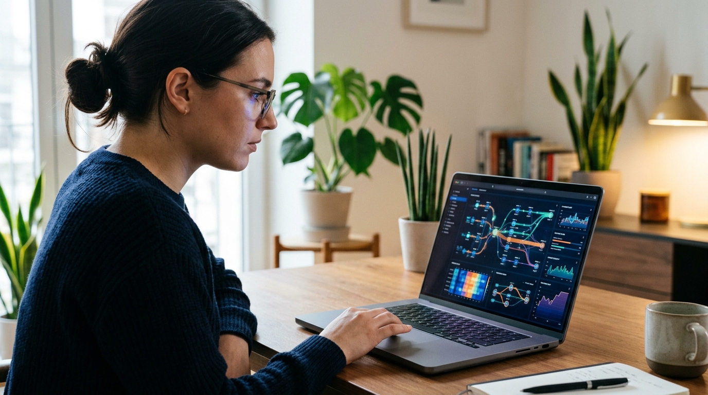 現代のプロフェッショナルが洗練されたノートパソコンの画面でデータを分析しているクローズアップショット。画面にはネットワークトラフィックや通信ルーティングを表す抽象的なデータビジュアライゼーションが表示されている。