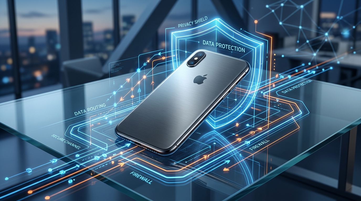 디지털 경계를 시각화한 현대적인 에디토리얼 일러스트레이션. 스마트폰...