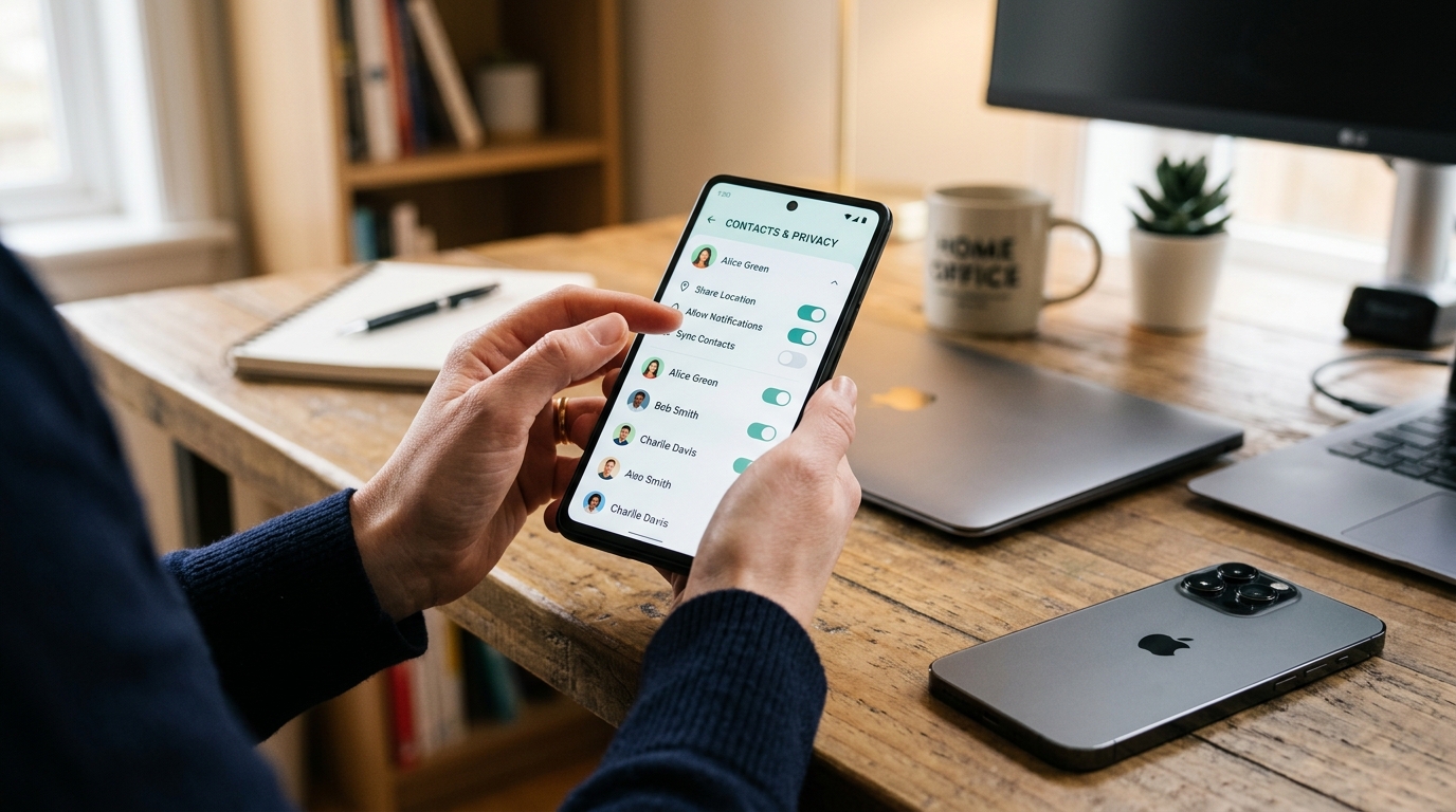 홈 오피스에서 현대적인 스마트폰을 들고 있는 사람의 손 클로즈업...