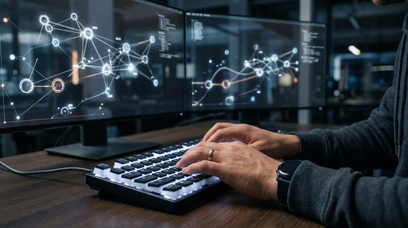 A close-up shot of a developer's hands typing on a mechanical keyboard