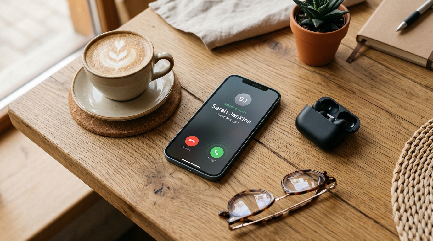 An overhead view of a modern cafe table featuring a cup of coffee and a mobile phone
