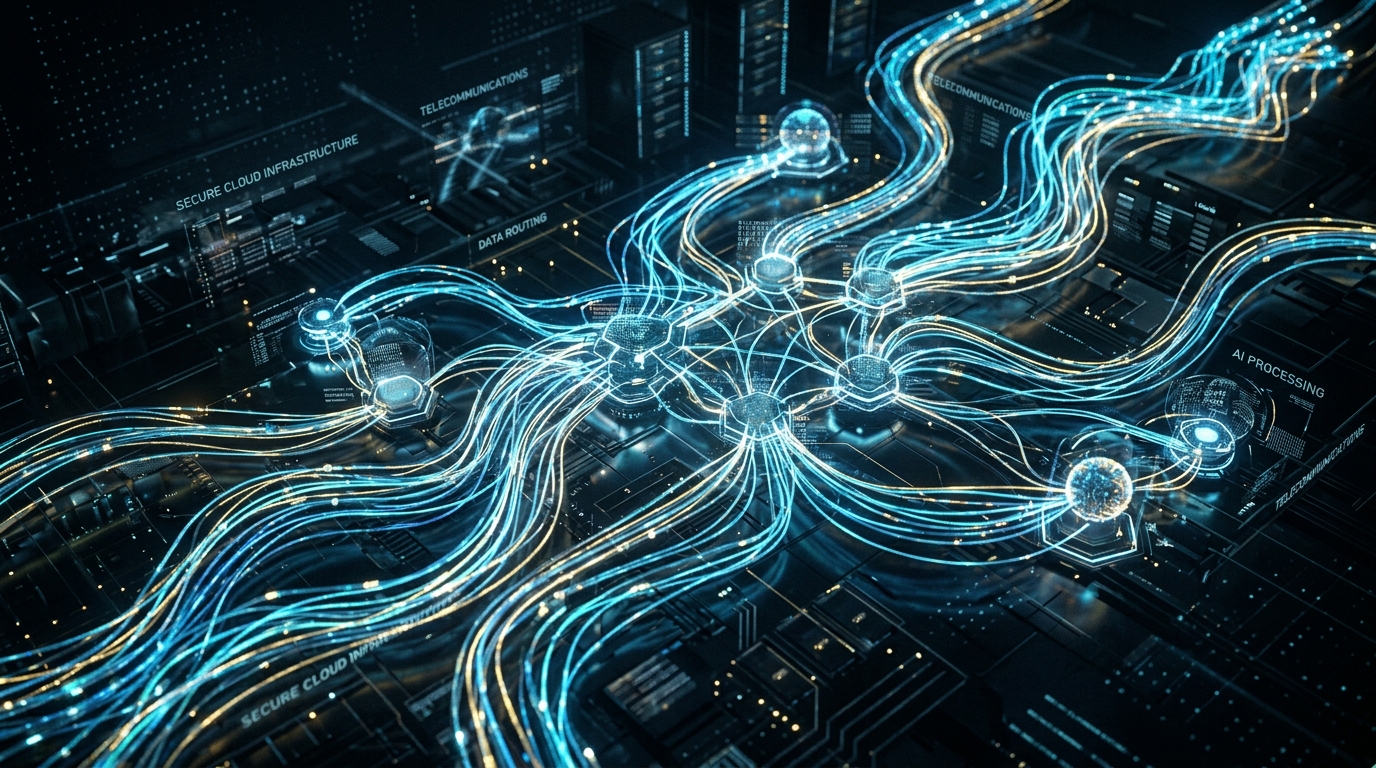 En abstrakt, højteknologisk konceptuel visualisering af datarouting og kunstig intelligens...