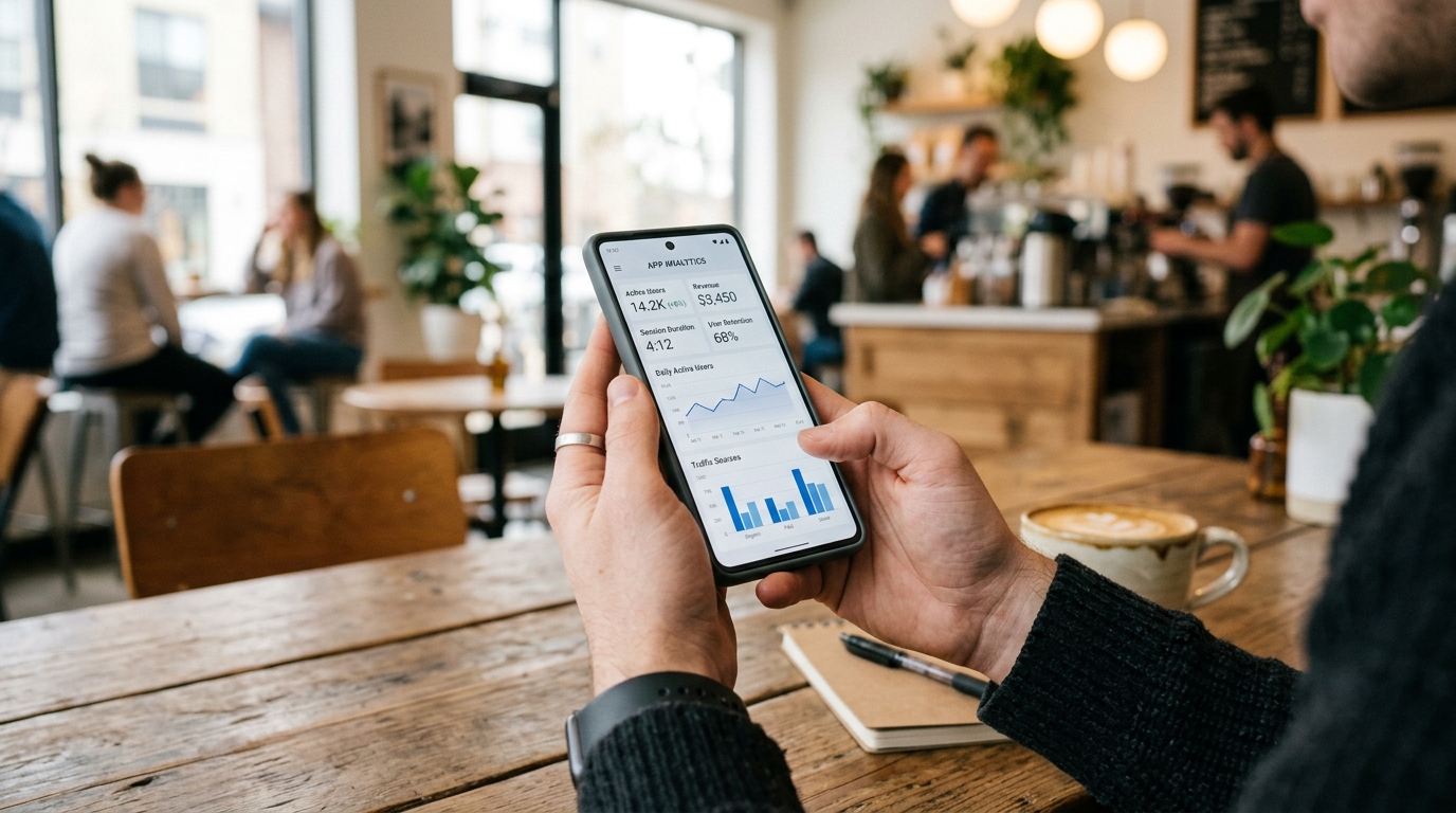 Nærbillede af en person, der holder en moderne smartphone i en lys, moderne café-indretning...
