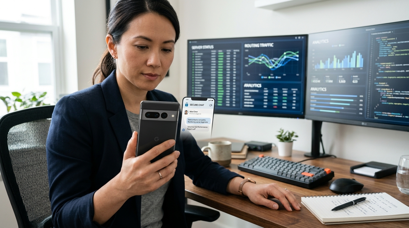 A close-up shot of an organized modern workspace. A professional consultant is h...