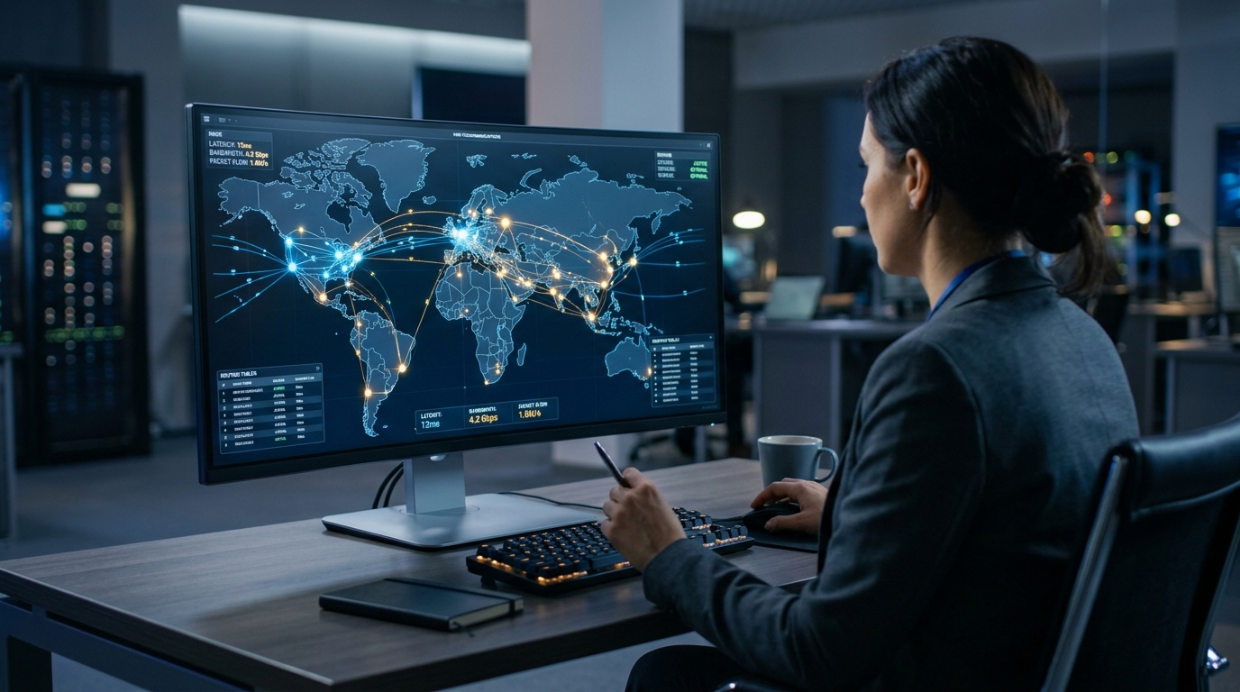 A close-up over-the-shoulder shot of a professional sitting at a minimalist desk...