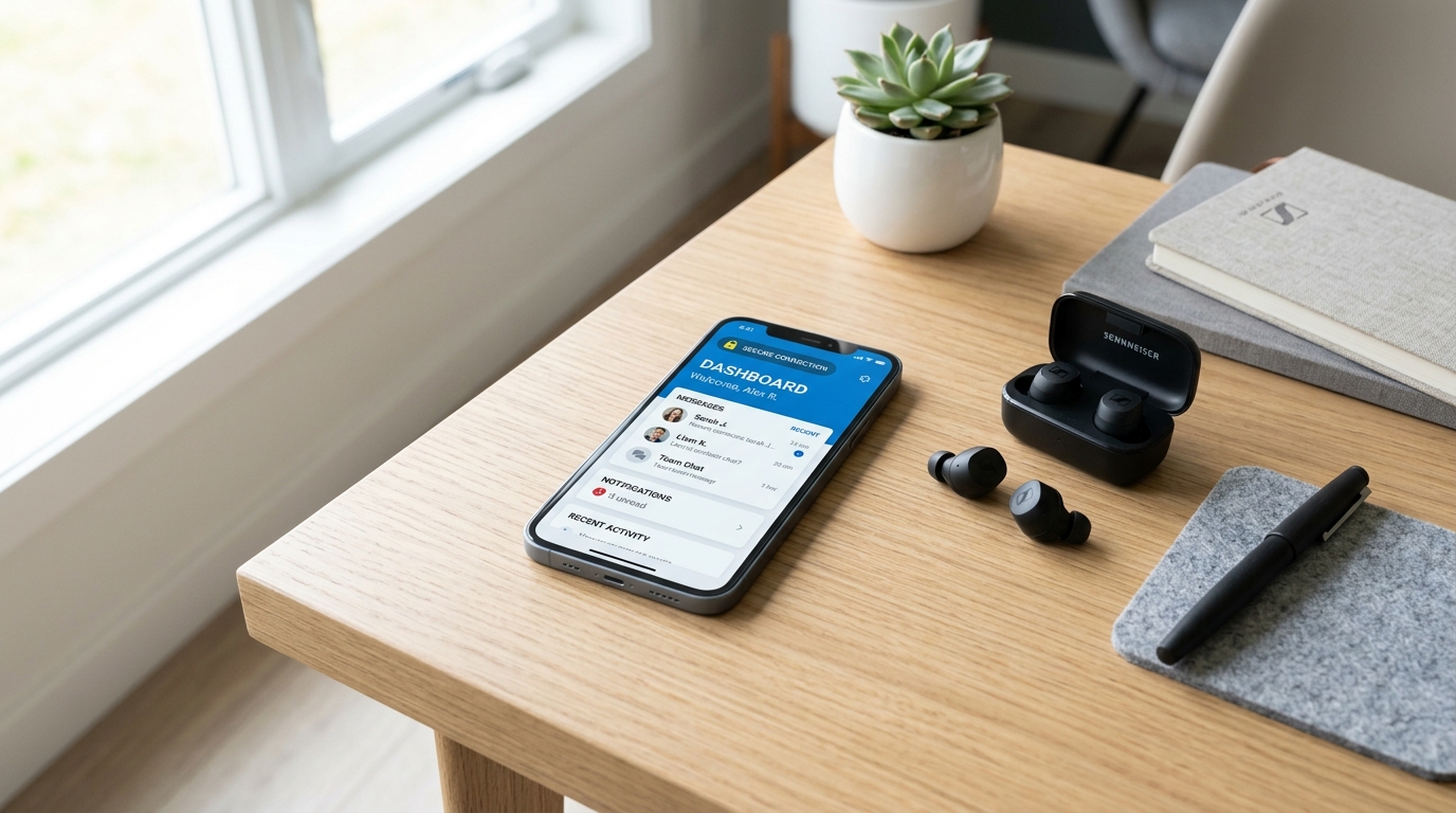 A well-lit minimalist office desk. On the desk sits a smartphone facing upward, ...