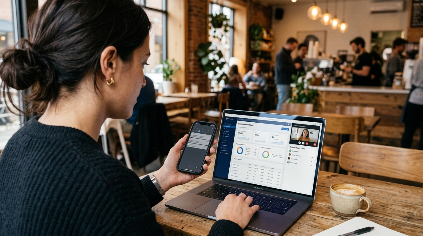 Et nærbillede over skulderen af en professionel person, der sidder på en moderne café og kigger på en computerskærm...