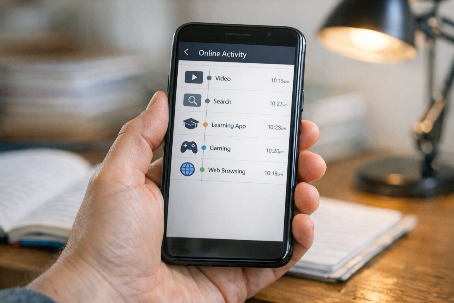 अभिभावक के हाथ में स्मार्टफोन का वास्तविक क्लोज़-अप, जिसमें साफ टाइमलाइन शैली का इंटरफ़ेस दिख रहा है...