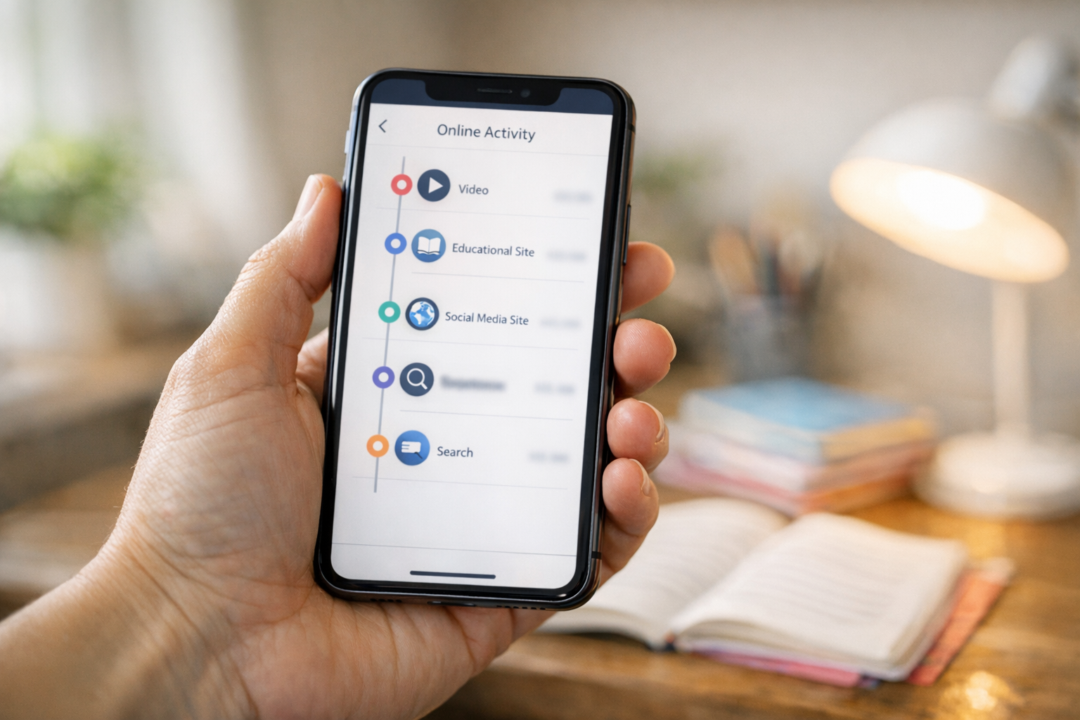 Un primer plano realista de un smartphone en la mano de un padre o una madre mos...