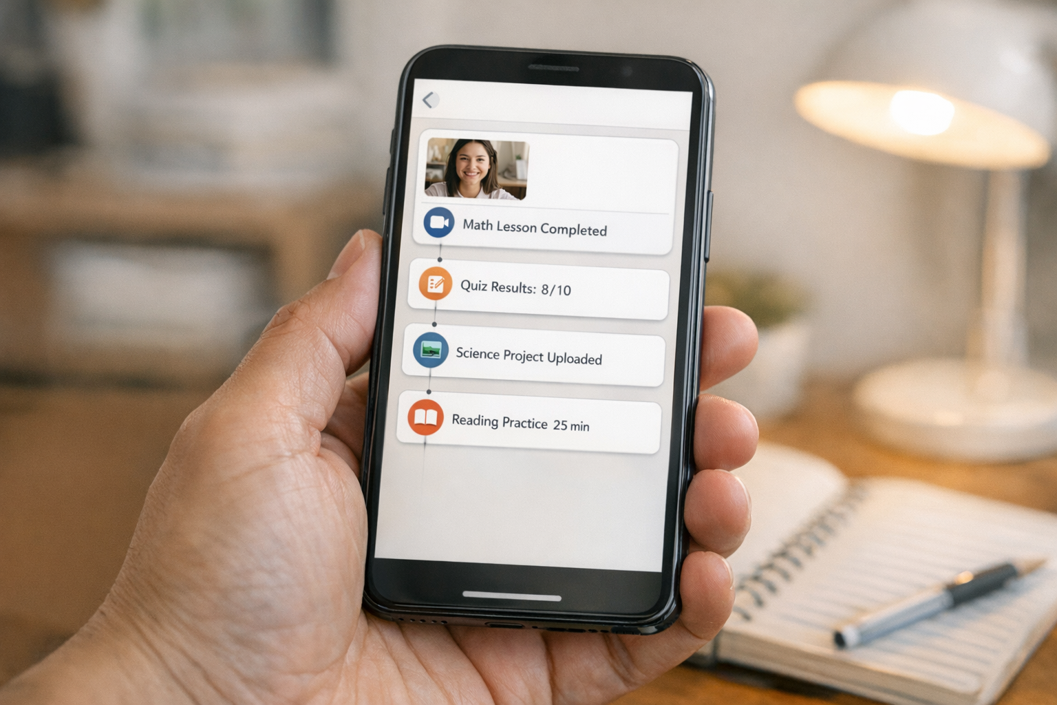 保護者の手元のスマートフォンをリアルに接写し、見やすいタイムライン形式のオンライン活動インターフェースが表示されている。背景には家庭の学習スペースがぼけて見え、...