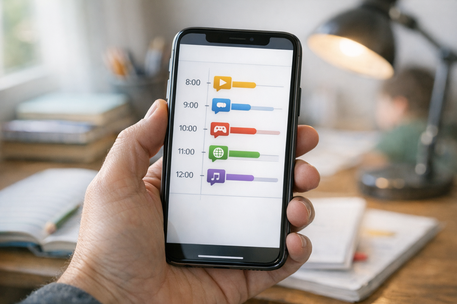 Eine realistische Nahaufnahme eines Smartphones in der Hand eines Elternteils mi...