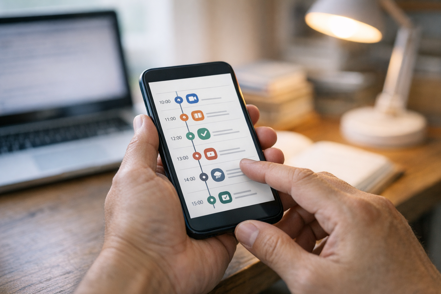 家长手持智能手机的真实特写，屏幕显示简洁的时间线式在线活动界面，背景是虚化的家庭学习环境，可见笔记本和台灯，自然光线，真实生活方式摄影，无文字叠加，无水印