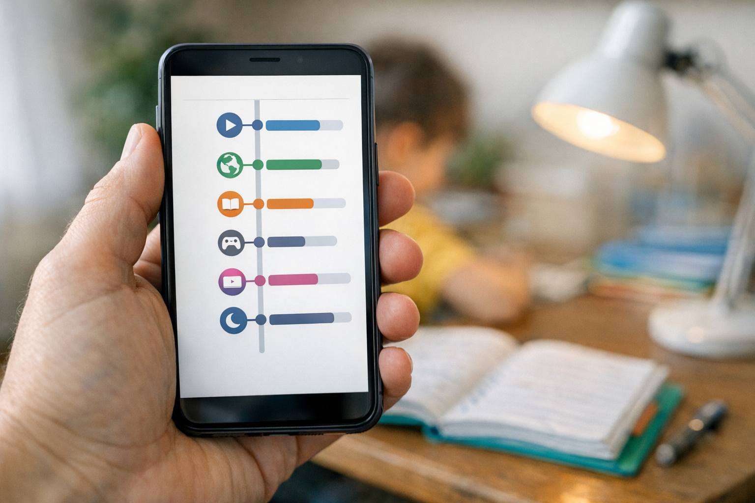 Реалистичный крупный план смартфона в руке родителя с чистым интерфейсом временн...