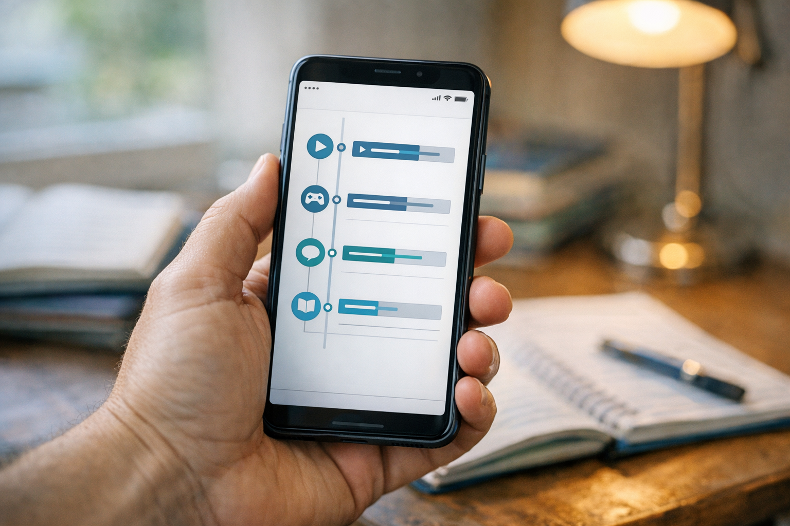 תקריב מציאותי של טלפון חכם ביד של הורה, עם ממשק נקי בסגנון ציר זמן של פעילות אונ...