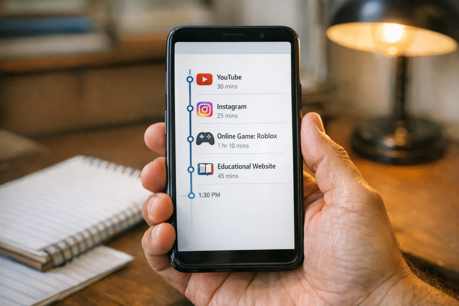 अभिभावक के हाथ में स्मार्टफोन का वास्तविक क्लोज़-अप, जिसमें साफ टाइमलाइन-शैली का...