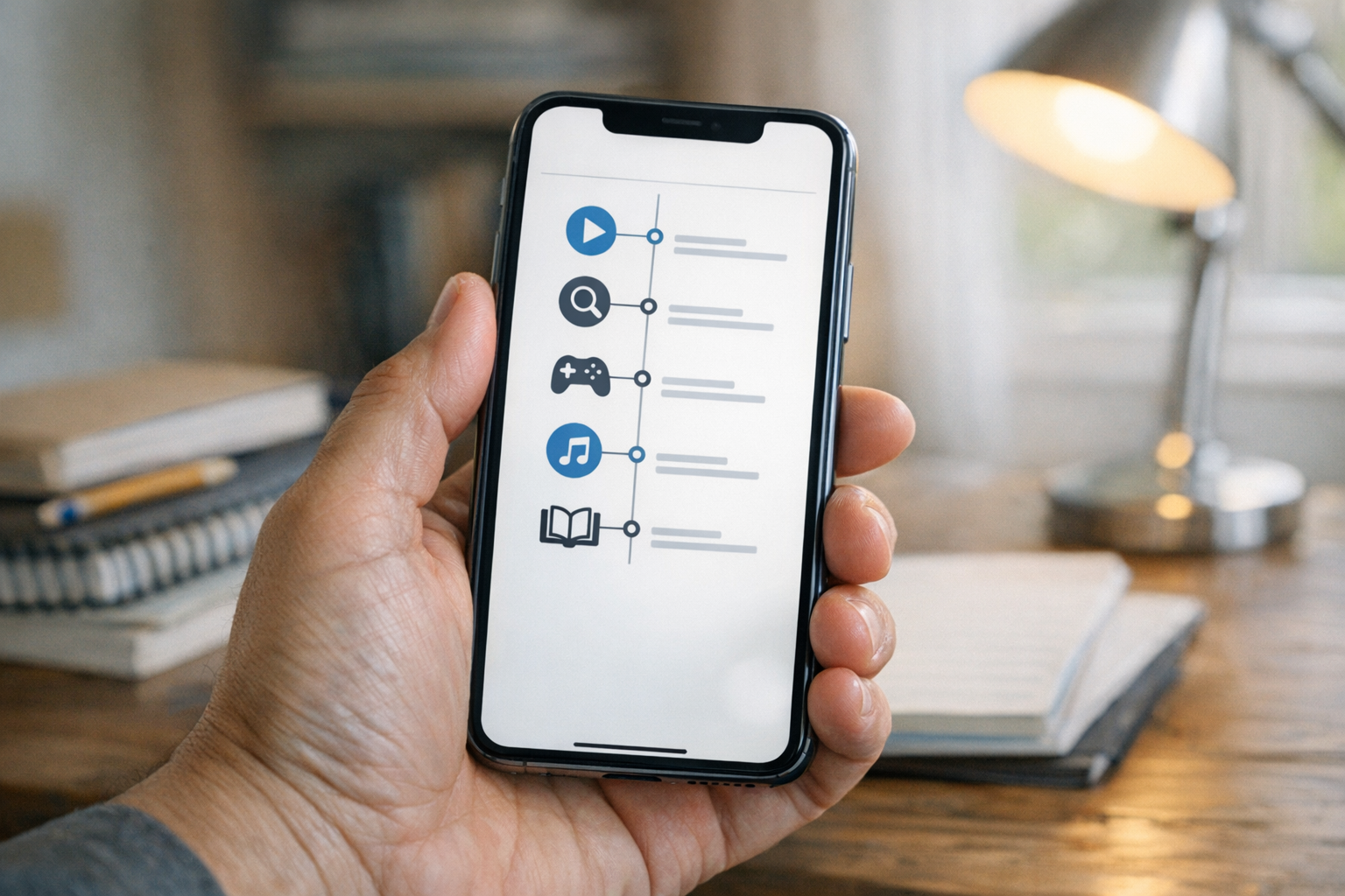 لقطة مقرّبة واقعية لهاتف ذكي في يد أحد الوالدين يعرض واجهة نظيفة على شكل خط زمني...