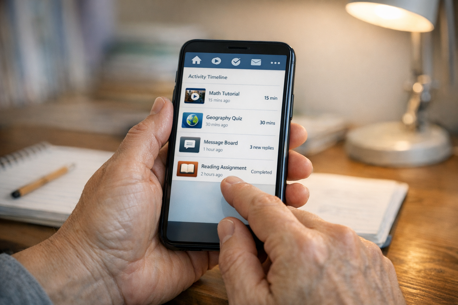 부모의 손에 들린 스마트폰을 사실적으로 클로즈업한 장면, 깔끔한 타임라인 형태의 온라인 활동 인터페이스가 보이고 배경에는 흐릿한 가정 학습 공간...