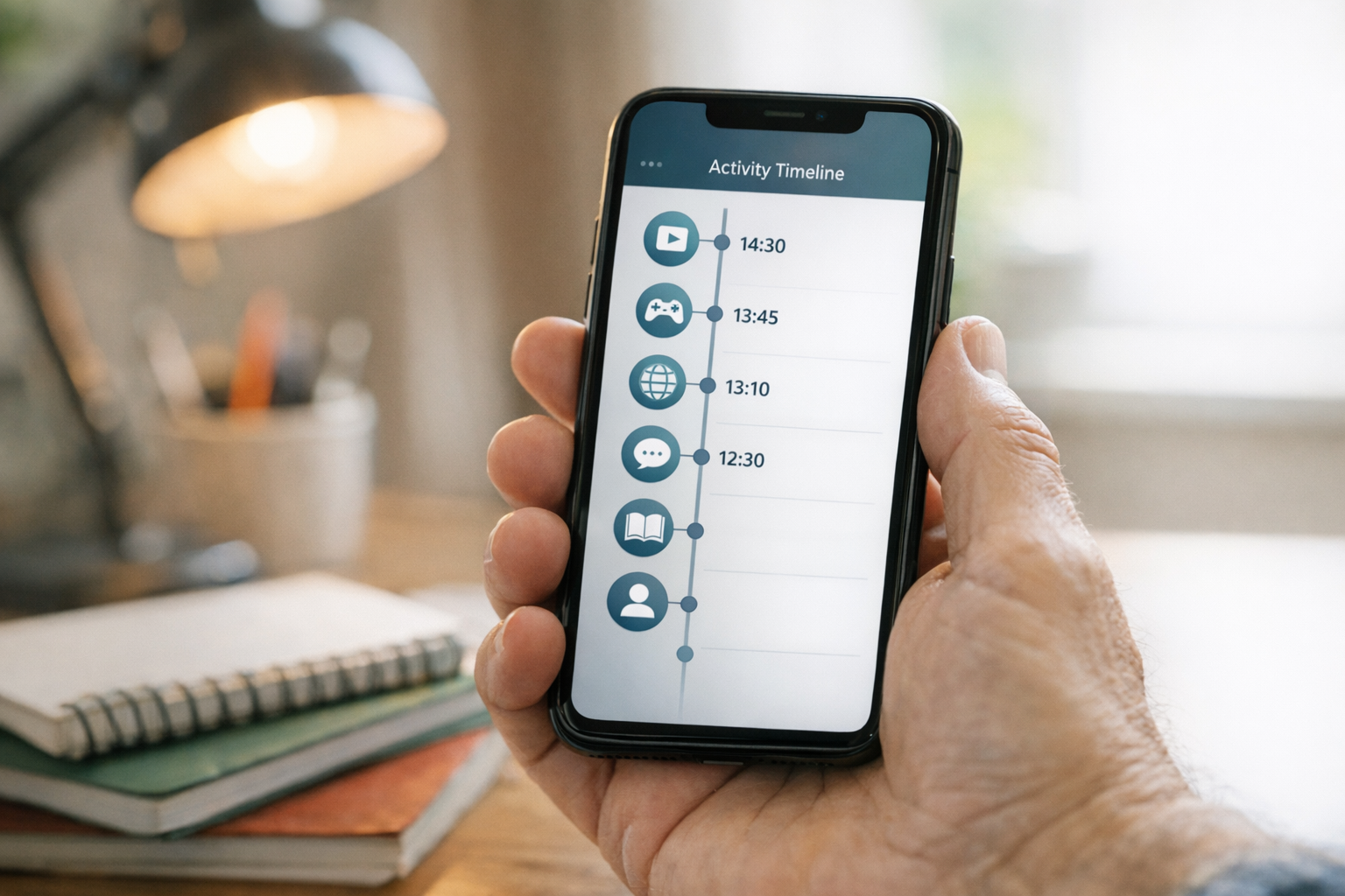 Een realistische close-up van een smartphone in de hand van een ouder met een ov...