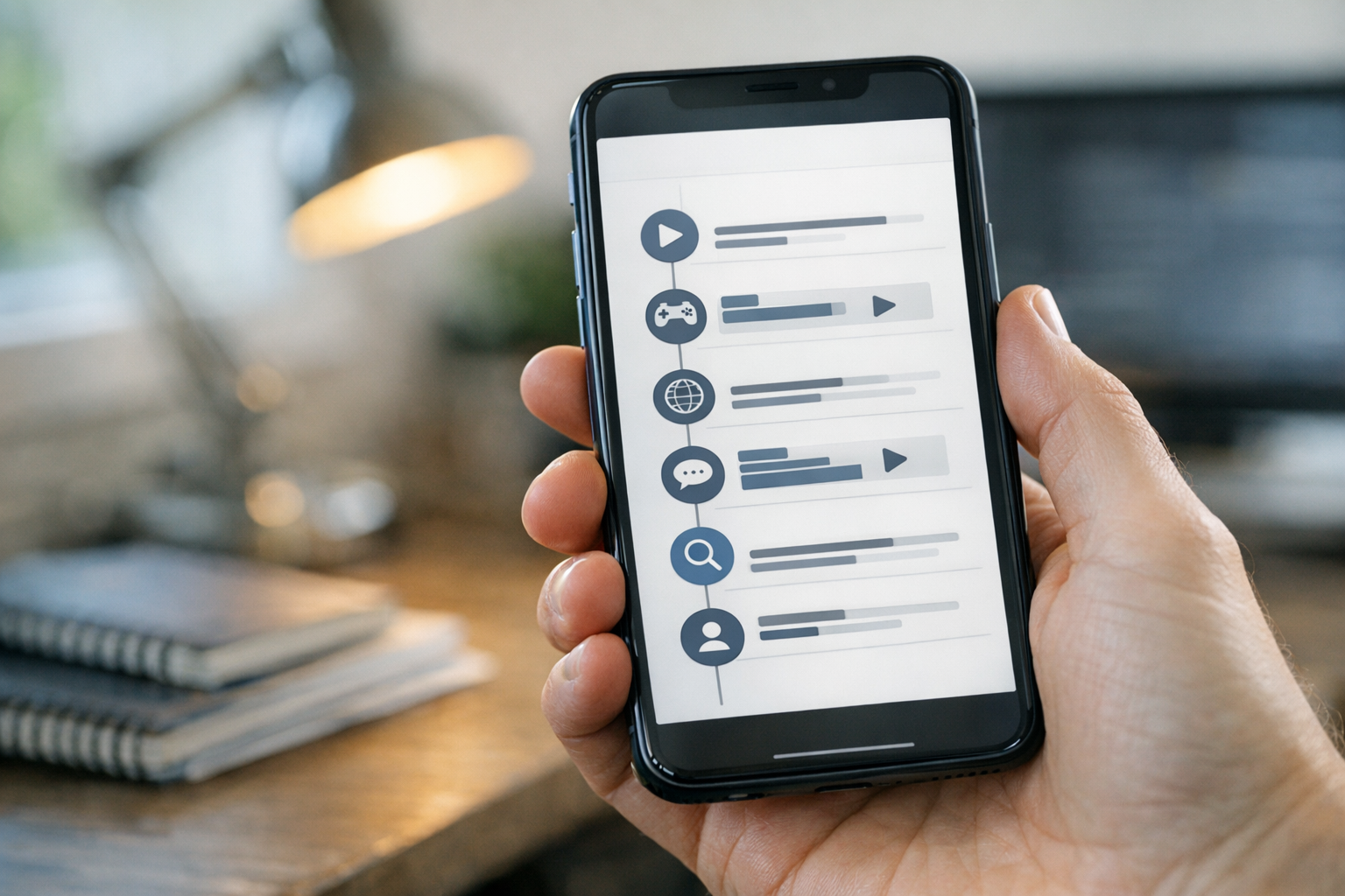Et realistisk nærbillede af en smartphone i en forælders hånd, der viser en ren ...