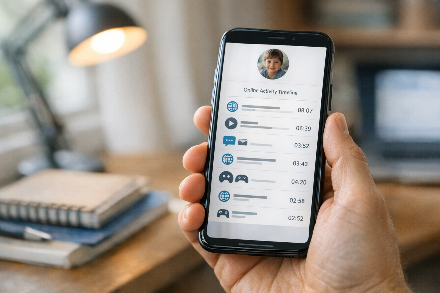 Un gros plan réaliste d’un smartphone dans la main d’un parent affichant une int...
