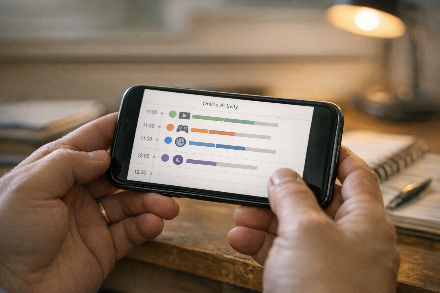 Bir ebeveynin elindeki akıllı telefonun gerçekçi yakın planı; ekranda temiz ve z...