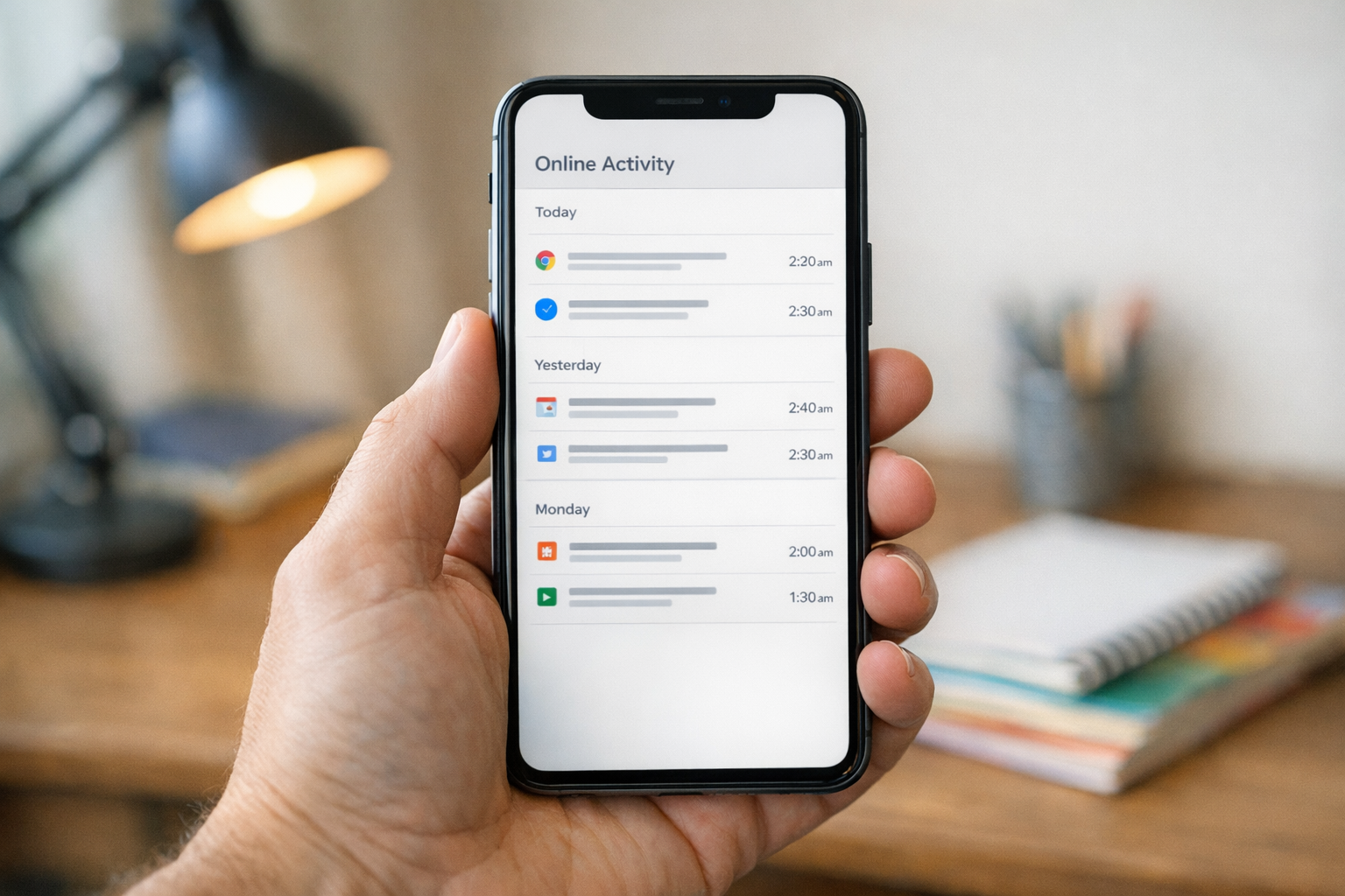 Un primo piano realistico di uno smartphone nella mano di un genitore che mostra...
