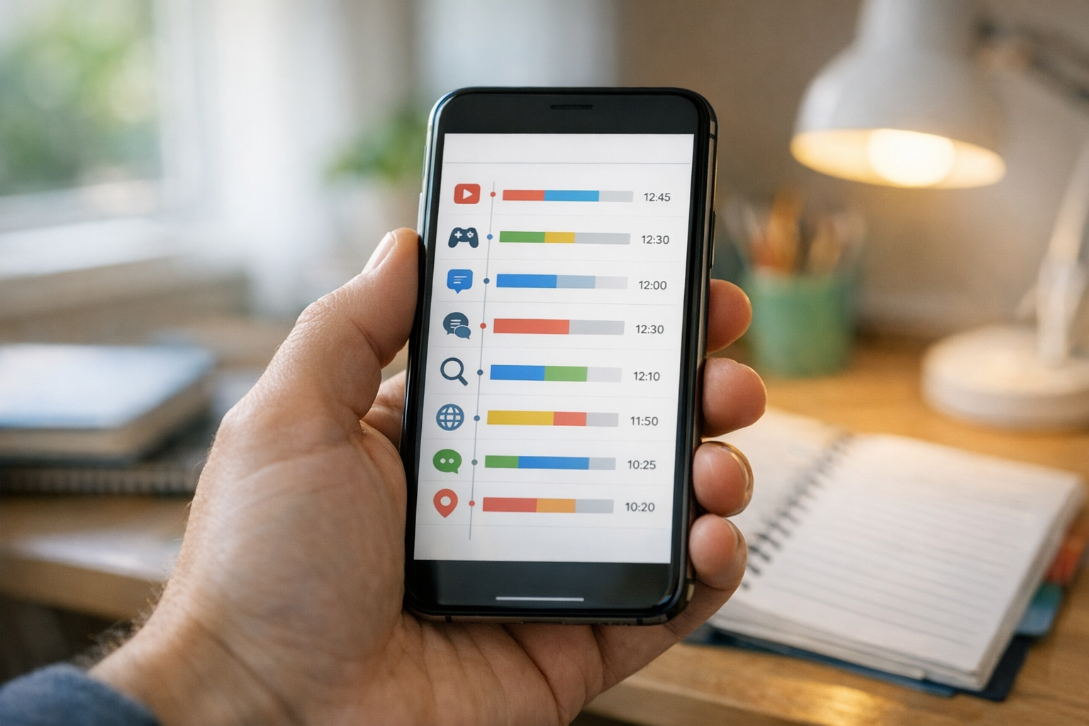 Realistyczne zbliżenie na smartfon w dłoni rodzica pokazujący przejrzysty interf...