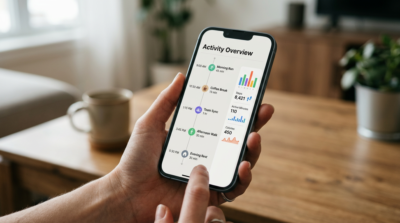 Et realistisk nærbillede af en hånd, der holder en smartphone med en generisk aktivitetsoversigt...