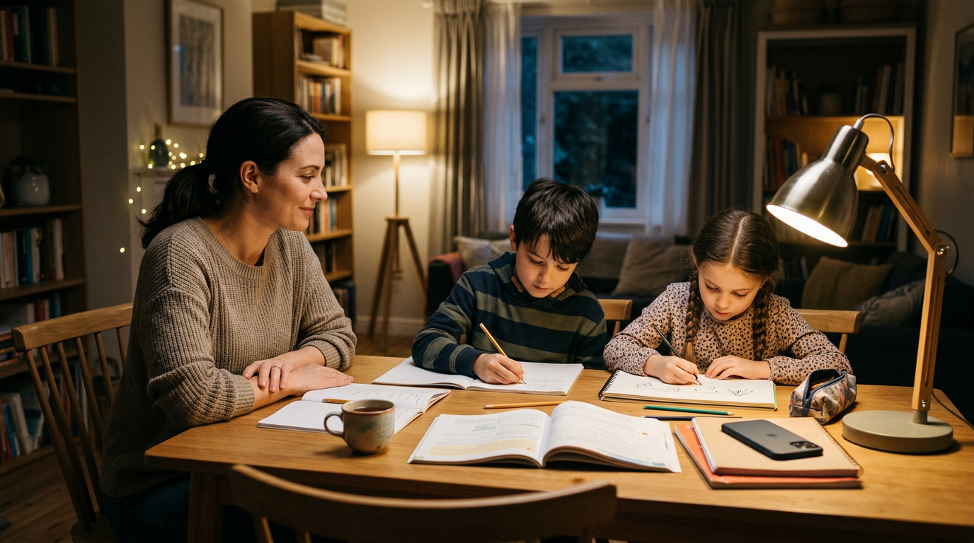 En realistisk familiescene om aftenen med lektietid, hvor en forælder observerer en rolig...