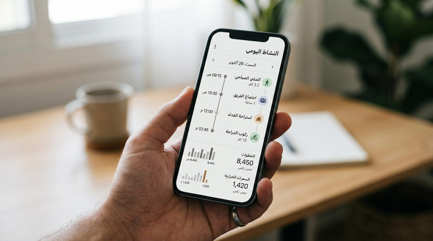 لقطة مقرّبة واقعية ليد تمسك هاتفًا ذكيًا يعرض واجهة عامة لخط زمني للنشاط مع مخطط...