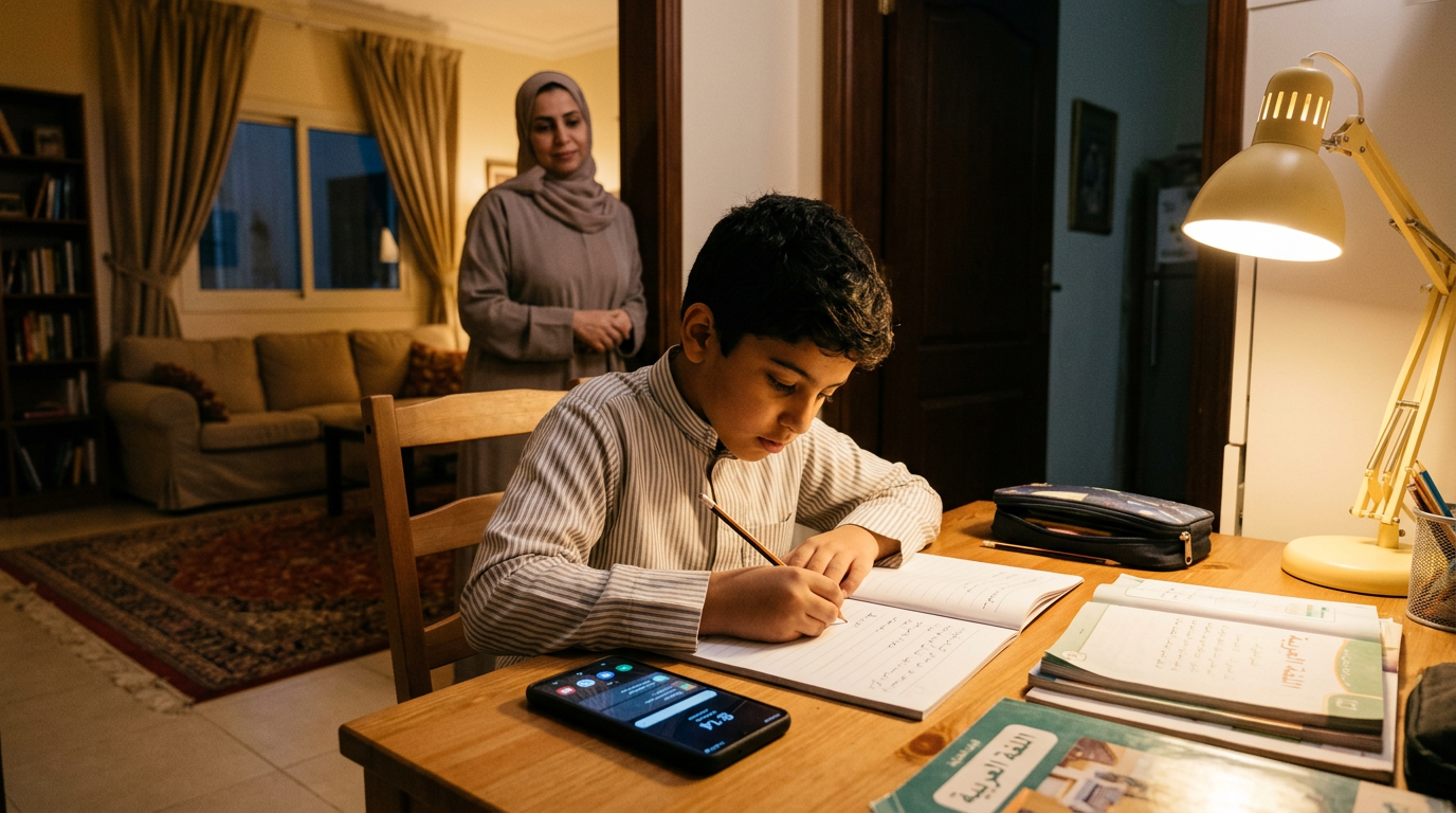 مشهد مسائي واقعي لوقت الدراسة داخل منزل عائلي عربي، يظهر فيه أحد الوالدين وهو يل...