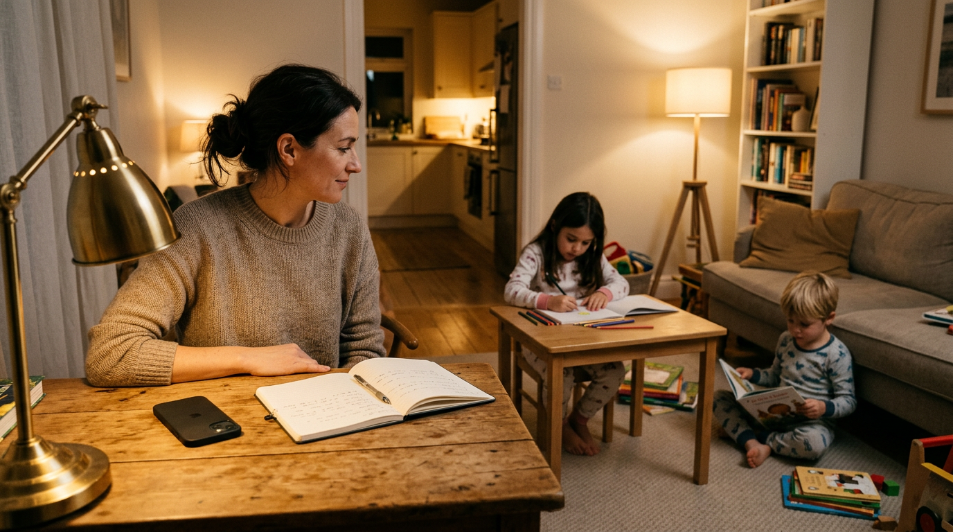 Una escena realista de estudio familiar por la noche, con un padre o madre obser...