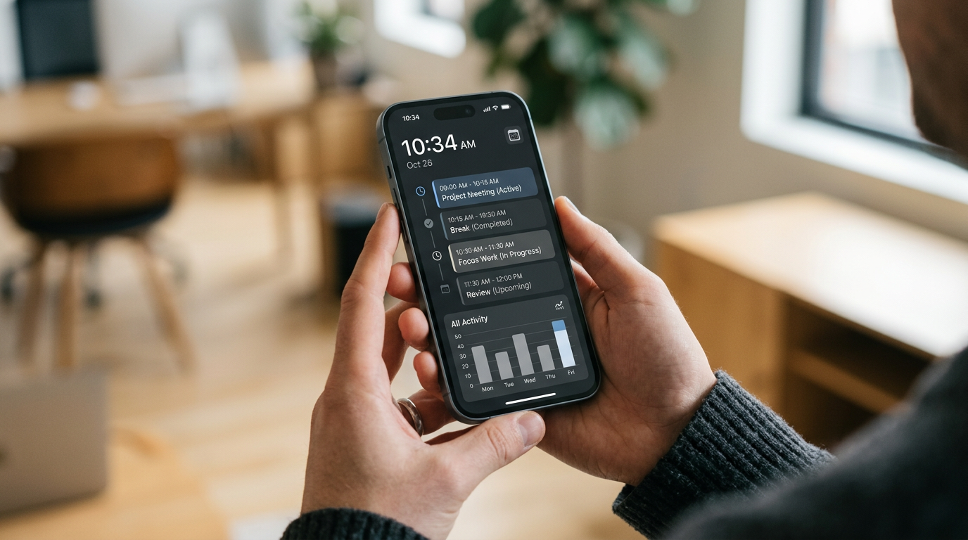 손에 스마트폰을 들고 있는 장면의 사실적인 클로즈업. 단순한 차트와 시간 표시가 있는 일반적인 활동 타임라인 인터페이스가 화면에 보임. 중립적이...