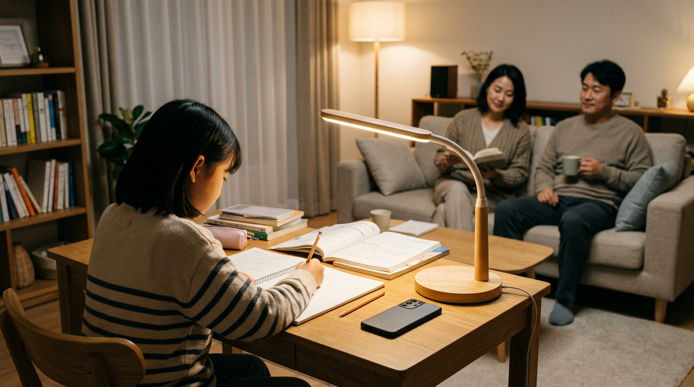 저녁 공부 시간의 사실적인 가족 장면. 부모가 차분한 가정의 일상을 지켜보고 있고, 책상 위에는 공책과 스탠드 옆에 스마트폰이 놓여 있음. 감시...