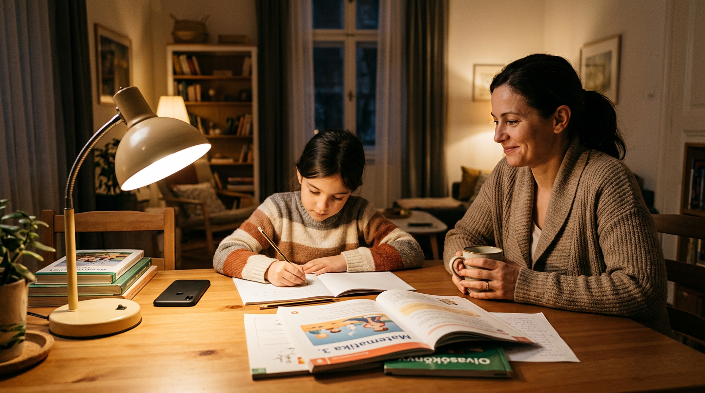 Életszerű esti családi tanulós jelenet, ahol egy szülő egy nyugodt otthoni rutin...