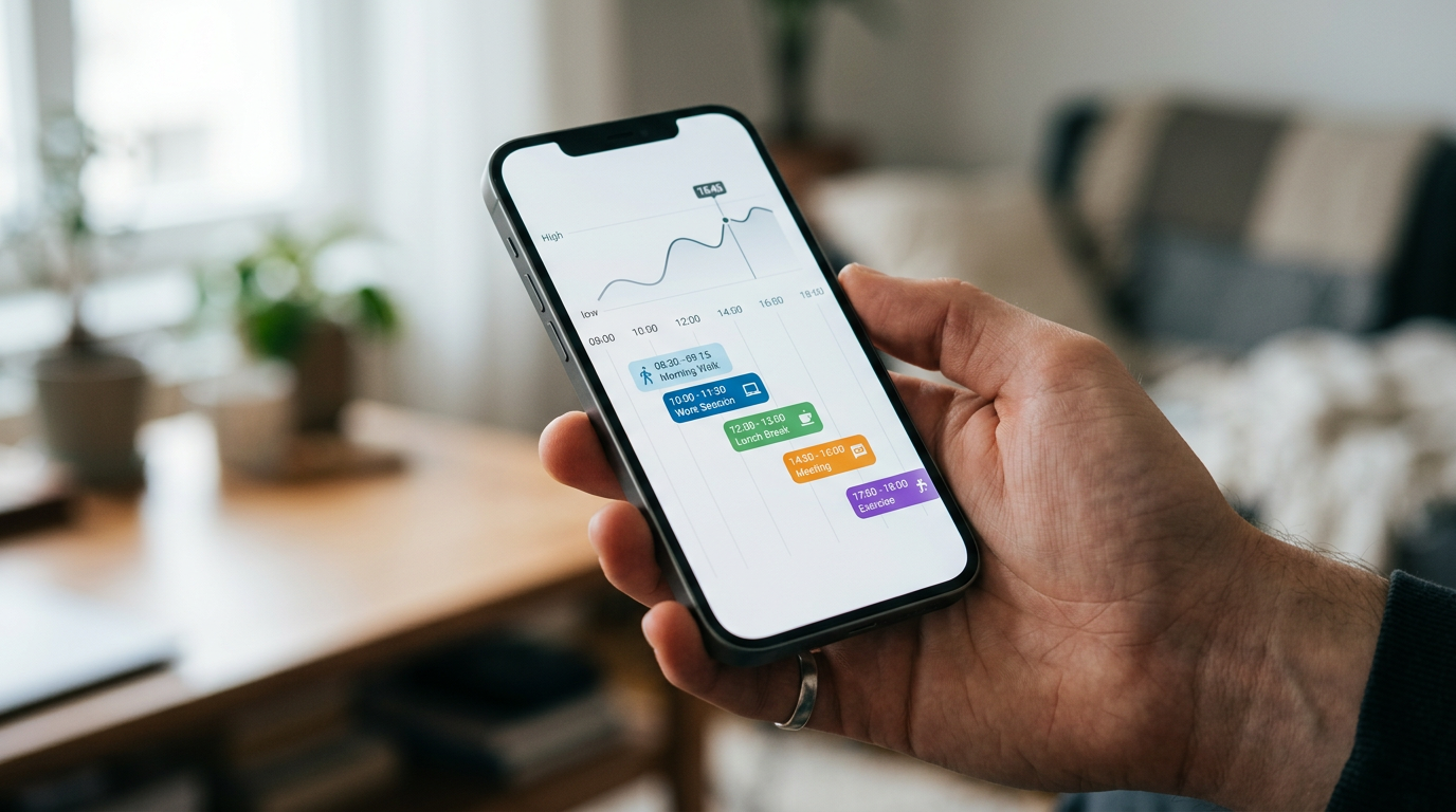 スマートフォンを手に持った手元のリアルなクローズアップ。シンプルなグラフと時間マーカーを備えた一般的なアクティビティタイムラインのUIが表示されている。中立的で...