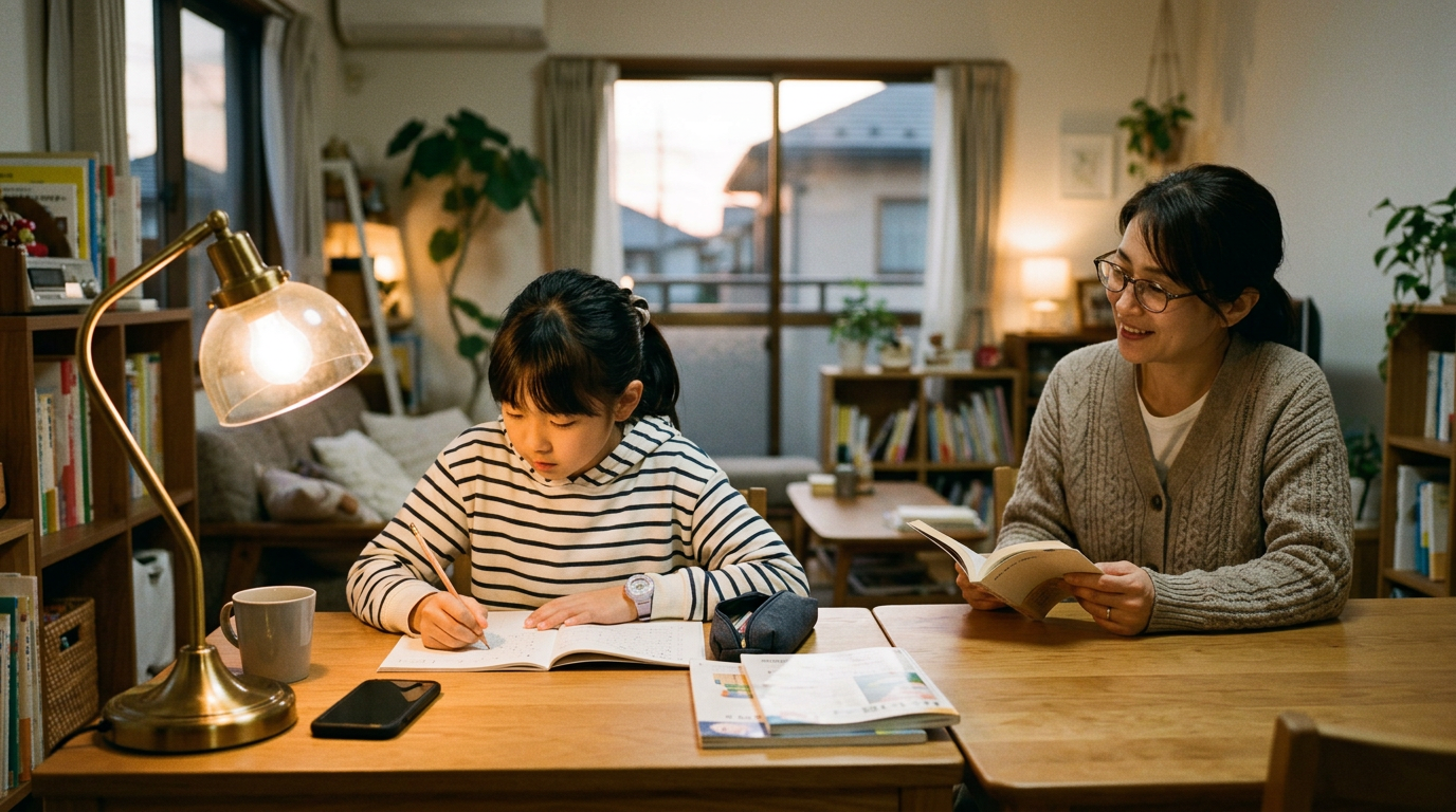 夕方の家庭学習時間をリアルに描いたシーン。保護者が穏やかな家庭のルーティンを見守り、机の上にはノートとランプの横にスマートフォンが置かれている。監視ではなくデジ...