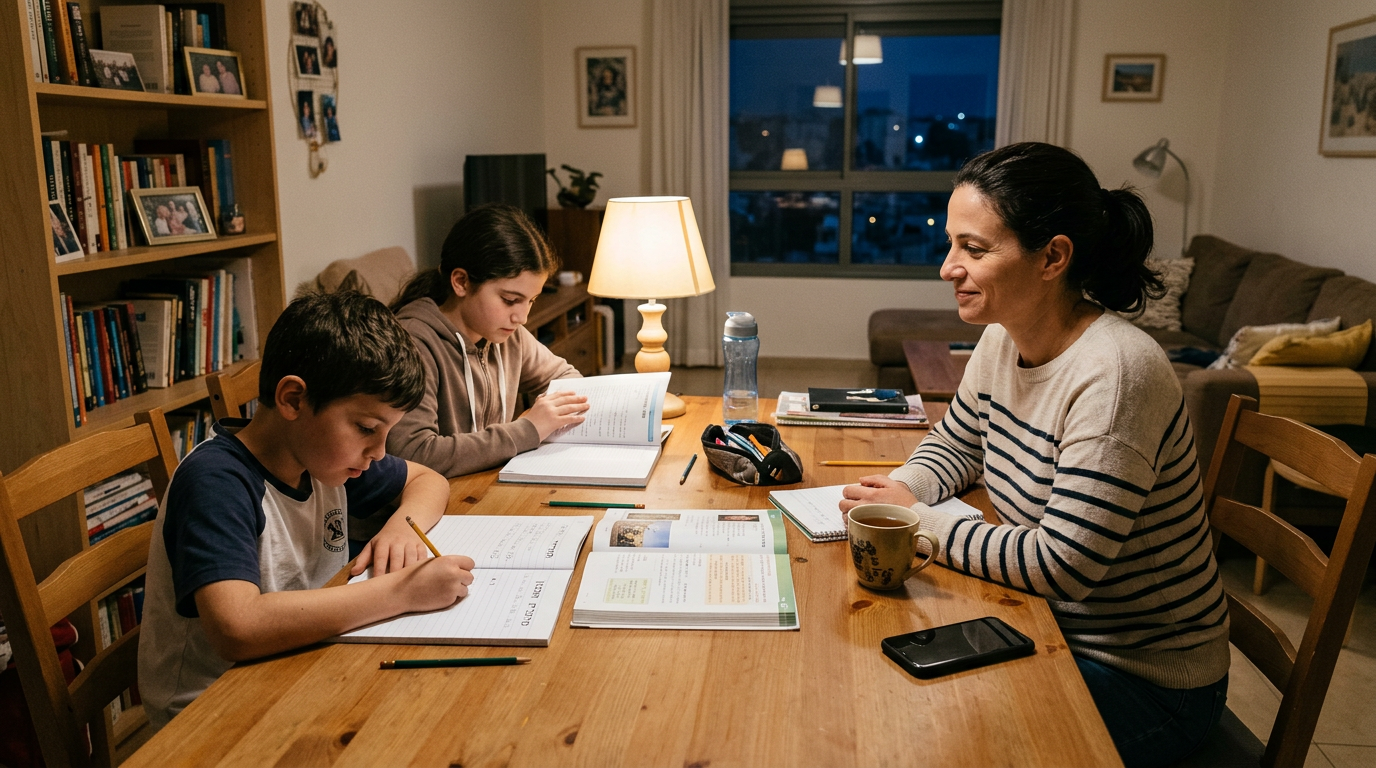 סצנה ריאליסטית של זמן לימודים משפחתי בערב בישראל, עם הורה שמתבונן בשגרת בית רגוע...