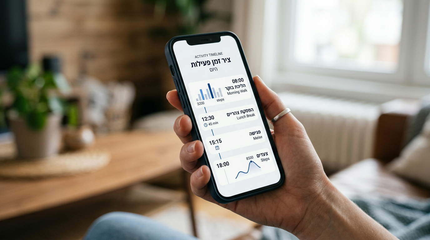 תקריב ריאליסטי של יד המחזיקה סמארטפון ומציגה ממשק כללי של ציר זמן פעילות עם גרפי...