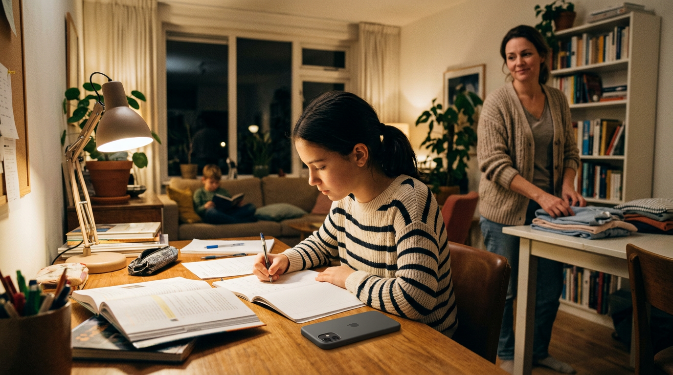 Een realistische gezinssituatie tijdens de avondstudie, met een ouder die een ru...