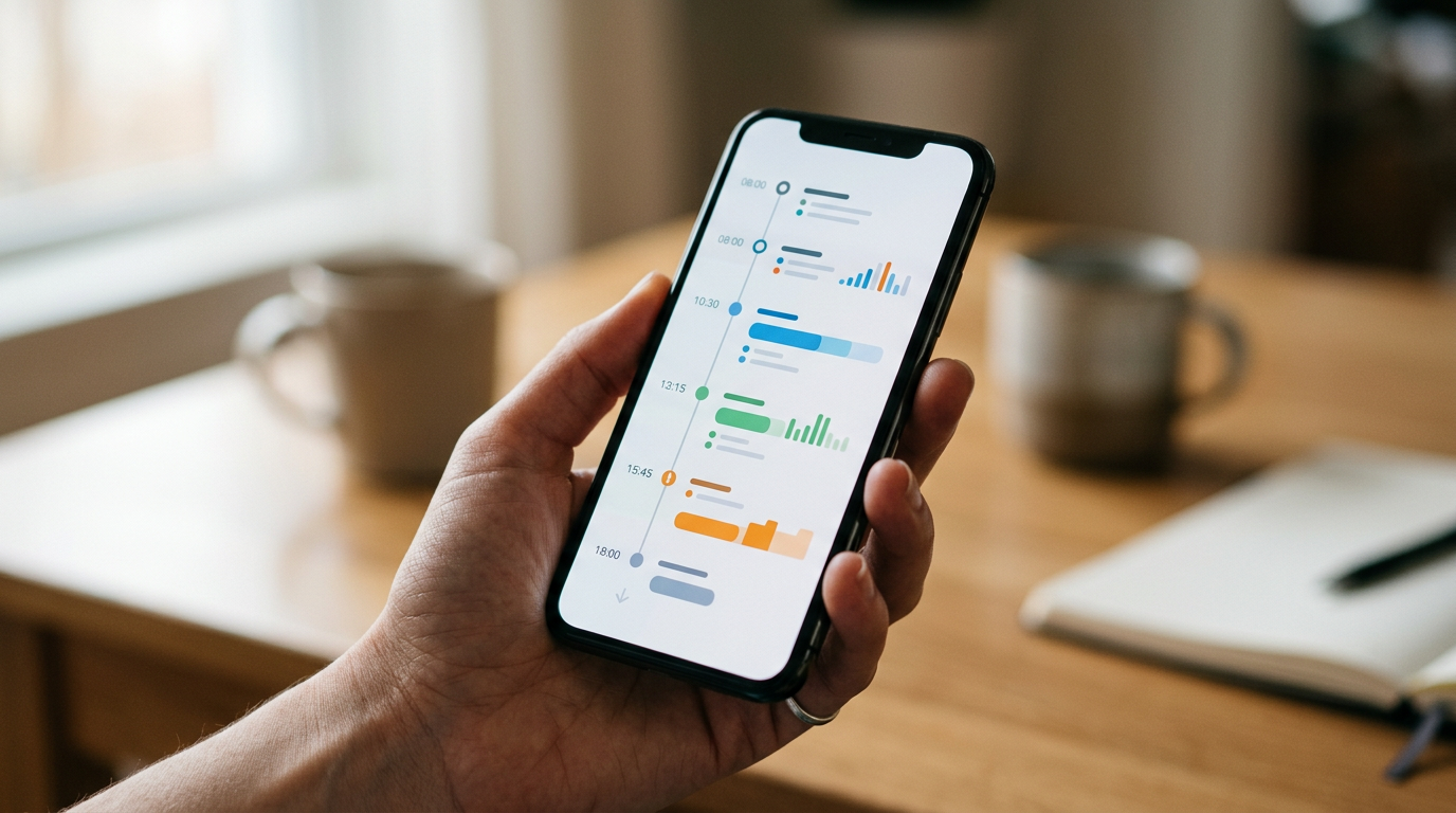 Een realistische close-up van een hand die een smartphone vasthoudt met een gene...