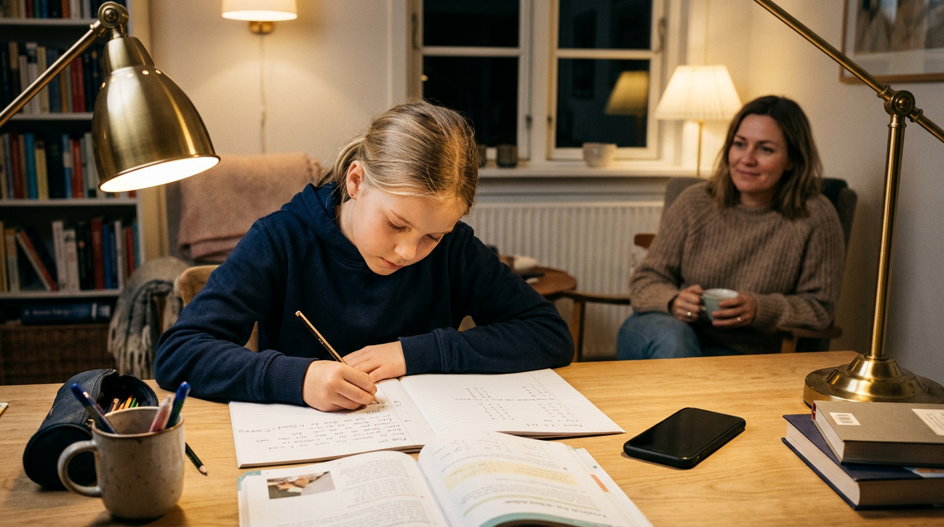 En realistisk familiescene om aftenen under lektietid, hvor en forælder observer...