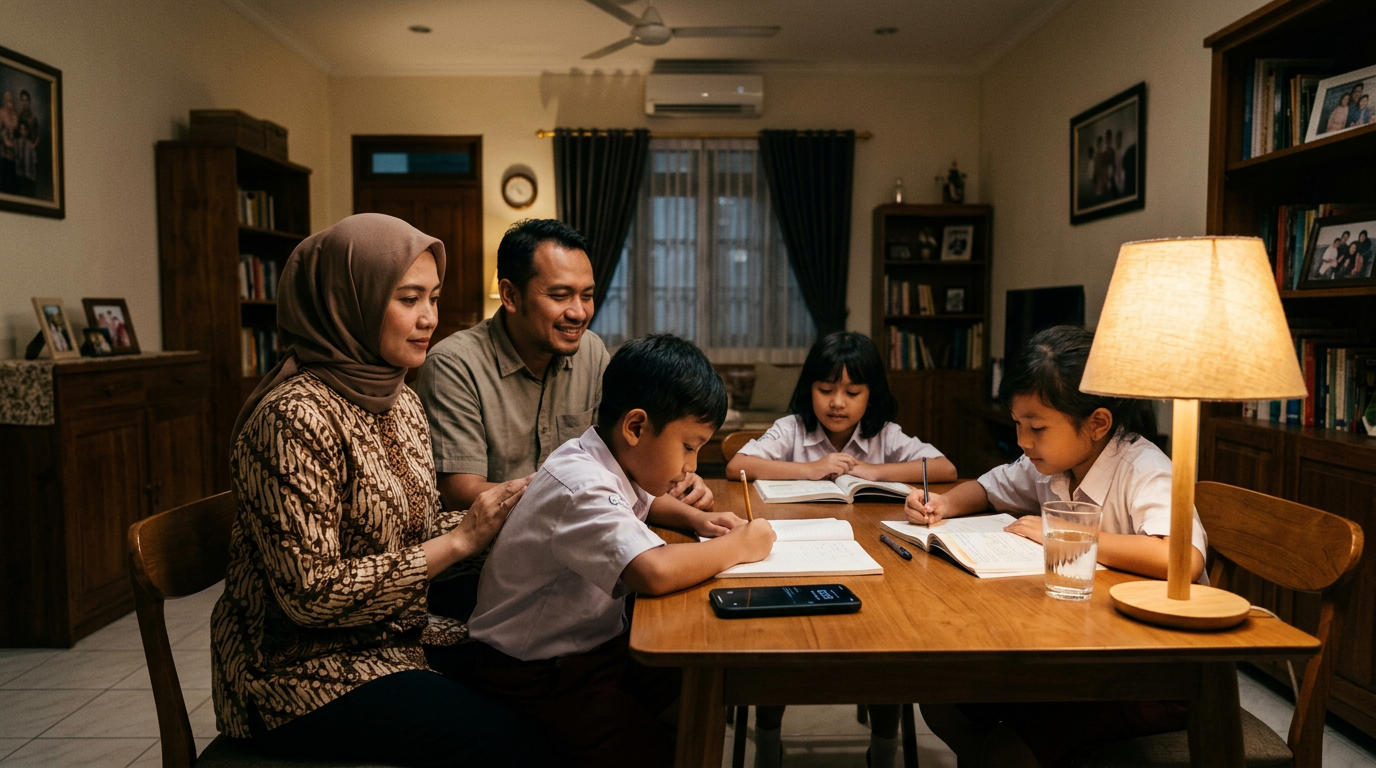 Suasana realistis waktu belajar keluarga pada malam hari di rumah Indonesia, den...