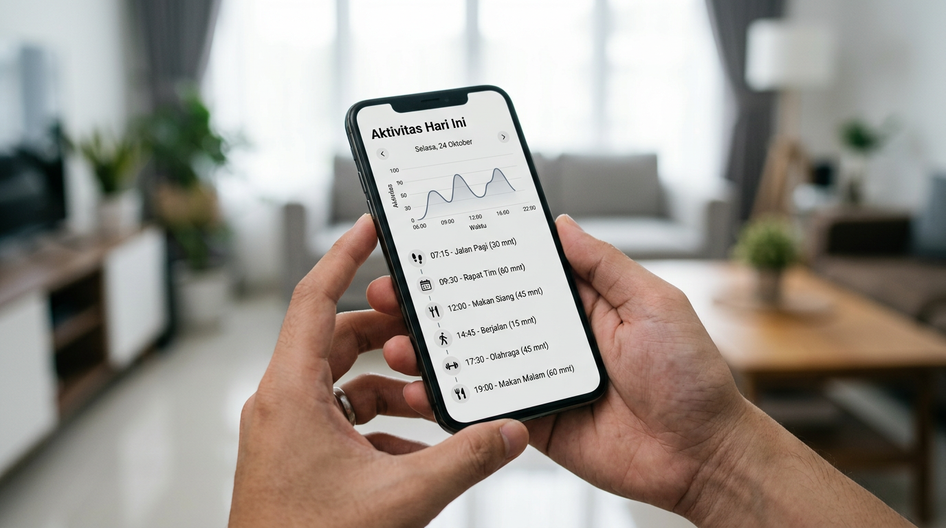 Close-up realistis tangan yang memegang smartphone dengan tampilan antarmuka lin...