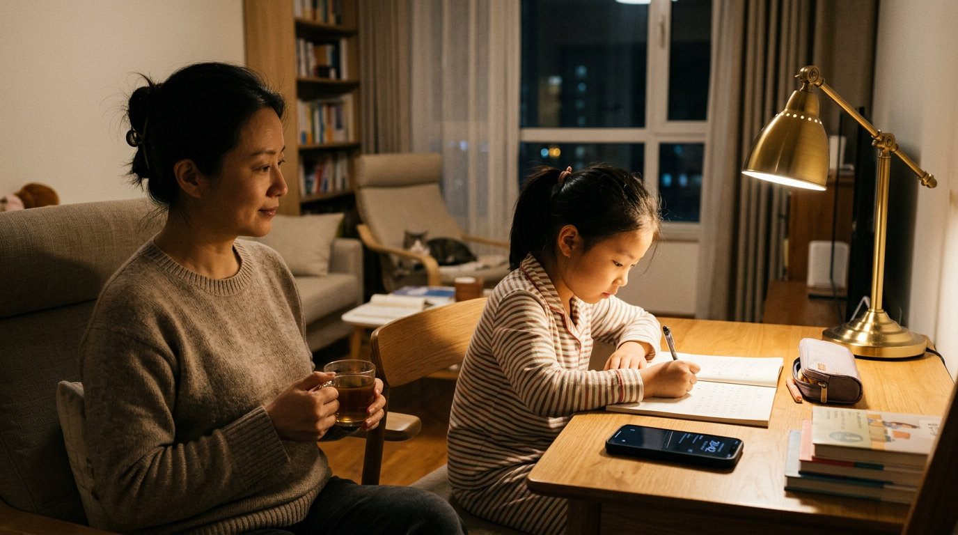 真实的晚间家庭学习场景，家长观察平静的家庭作息，一部智能手机放在书桌上，旁边有笔记本和台灯，画面重点微妙地体现对数字使用习惯的关注而非监视，抓拍式编辑摄影风格，...