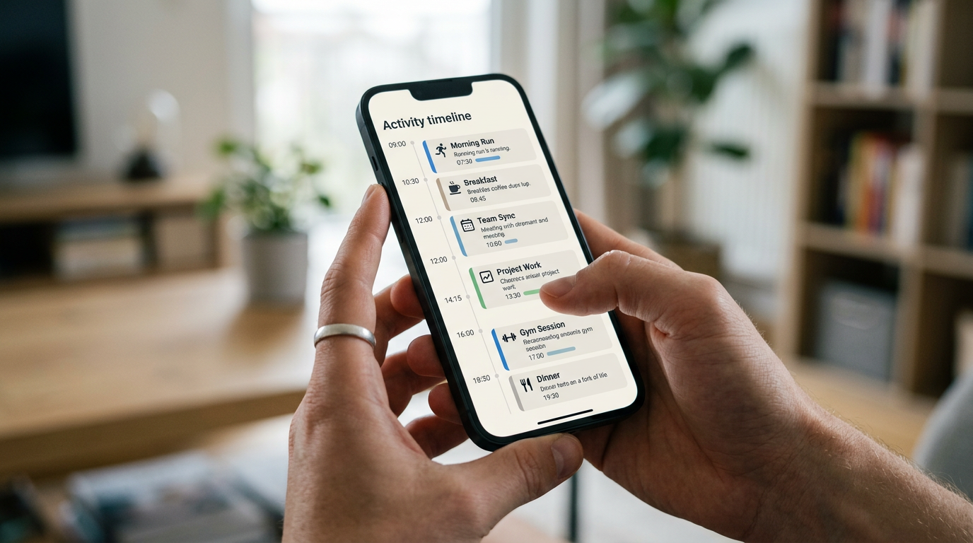 真实的手部特写，手持一部智能手机，屏幕显示通用的活动时间线界面，包含简洁图表和时间标记，中性现代 UI，浅景深，室内自然光，编辑类科技摄影风格，无品牌标志，无文...